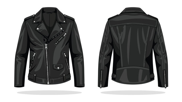 Classic black leather biker jacket vector illustration, front and back views with detailed hardware elements