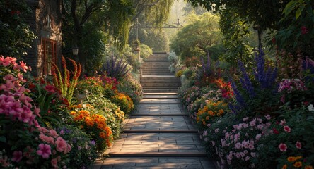 Obraz premium Lush walkway blooming with flowers and a blank area for text overlay