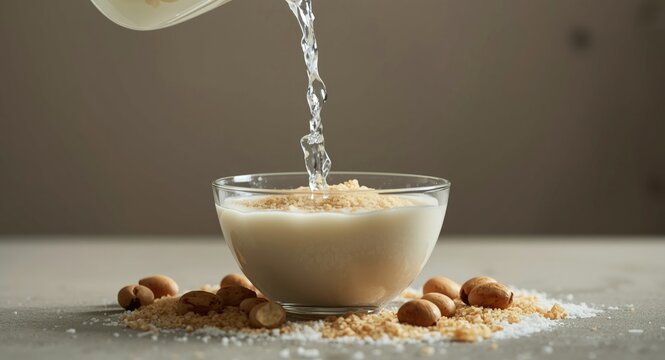Infusing water into a bowl of garri with milk sugar and whole groundnuts