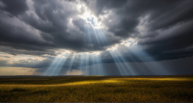 Dramatic Sky: God Rays Illuminate a Golden Field Under Stormy Clouds at Sunset