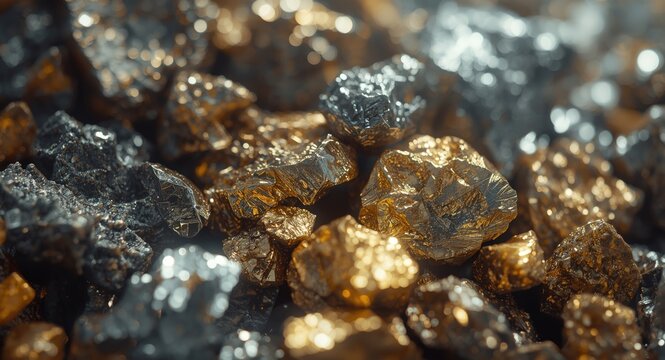 Close detailed shot of heterogeneous metallic ores illustrating unique surface details and metallic colors within an abstract industrial theme of iron gold zinc