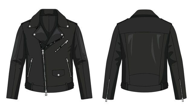 A detailed flat technical illustration of a classic black leather motorcycle jacket, featuring both front and back views, essential for apparel