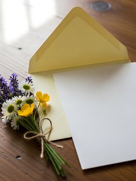 Yellow Envelope with White Card and Small Bouquet of Flowers
