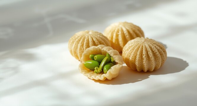 Authentic Indonesian onde onde snacks with green bean filling served on white background