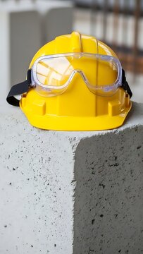 Yellow Hard Hat and Safety Goggles on Concrete Surface