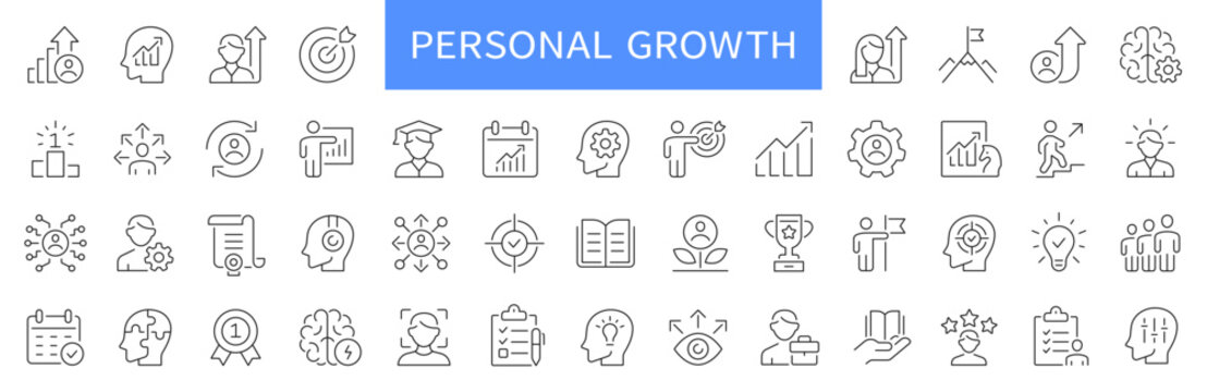 Personal growth thin line icons set. Development, upskill icon. Editable stroke. Vector