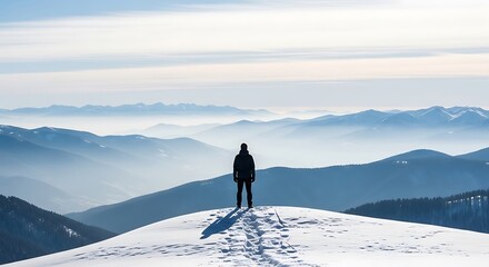 Man standing on snowy mountain peak looking out at breathtaking landscape