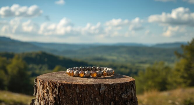 Healing energy bracelet with embedded orgone components set against a soothing natural landscape