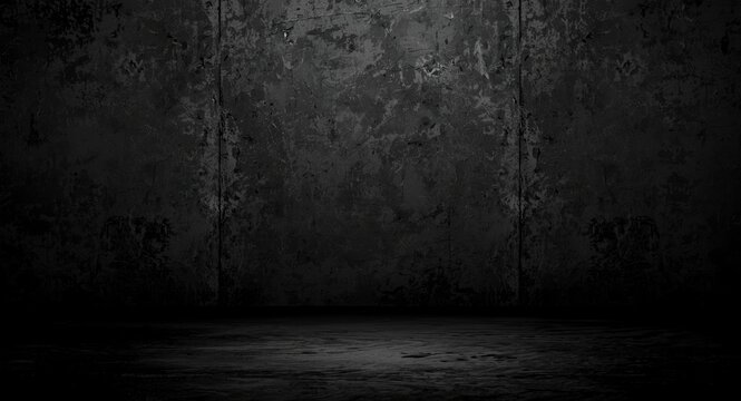 Dark concrete wall texture roughened with grunge style against black floor background