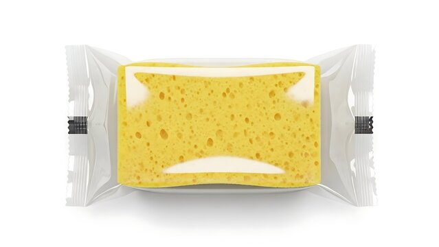 Yellow Sponge in Plastic Packaging for Kitchen Use