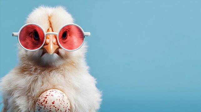 Cool baby chick wearing sunglasses next to a colorful Easter egg on a bright blue background with copy space. Concept: Easter celebration, fun holiday mood, playful creativity, modern seasonal design,