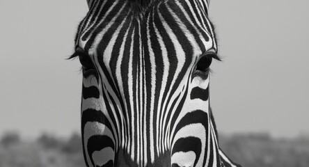 Naklejka premium Intense front view close up portrait of Grevys zebra face in black and white
