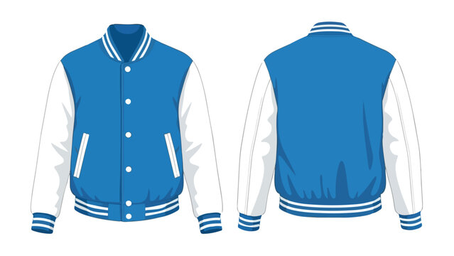 Classic varsity jacket flat lay illustration showcasing front and back blue and white design