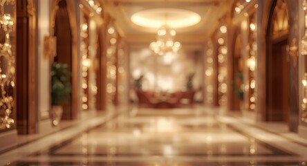 Obraz premium Elegant hotel atrium displaying golden foil accents and soft toned glowing blurred bokeh background
