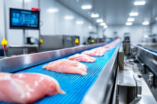 Chicken fillets move on a blue conveyor belt at a food processing facility, with digital scales and a computer screen visible in the background