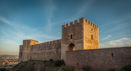 Historic ancient stone fortress with towering walls under clear sky