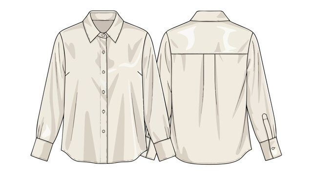 Professional technical flat drawing of a women's versatile long-sleeved collared button-front blouse with cuffed sleeves and a pleated back for