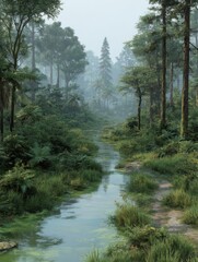 Obraz premium A tranquil stream flows through a dense forest with lush greenery and a misty sky.