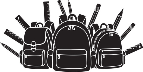 Vector illustration of backpacks and school supplies, including pencils and rulers, for education or back to school mockup, Isolated on transparent background, png