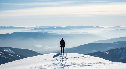 Man standing on snowy mountain peak looking out at breathtaking landscape