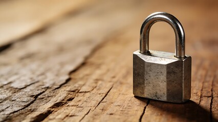 shackle. Metal padlock on wood, representing security and trust in a close-up view. lifestyle magazines, social media lookbooks, designed for influencer and brand collaborations.