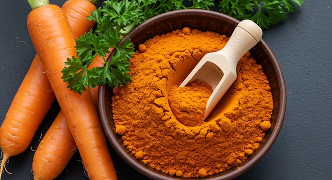 Carrots and turmeric powder with parsley on dark surface