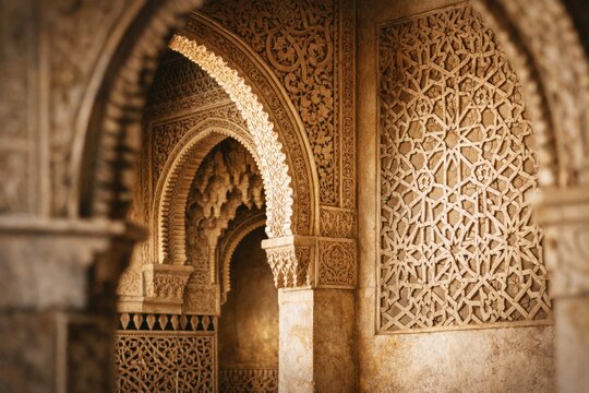 Intricate Islamic geometric patterns adorn ancient Moorish architecture with warm sunlight