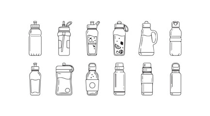 Collection of diverse drink bottles and containers, various shapes and sizes, line art, isolated on white