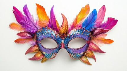 Carnival Mask's Vibrant Spectacle: A meticulously crafted carnival mask, adorned with an explosion of colorful feathers, sparkles with an aura of mystery and festivity.