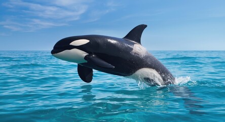 Obraz premium Graceful orca soaring above shimmering sea waves