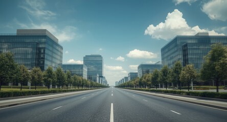 Fototapeta premium Expansive panorama of business offices with clear and empty road