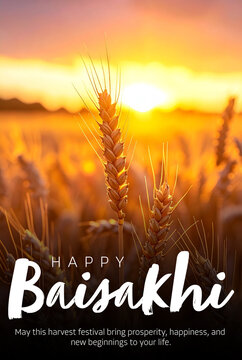 Happy Baisakhi  Poster Design with Close Up Wheat at Sunset Background