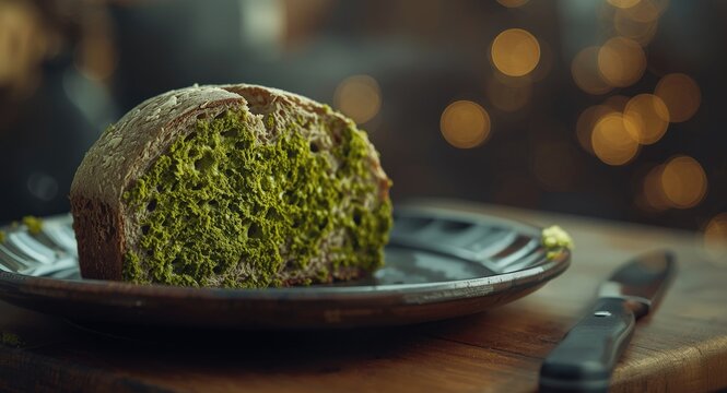 Green mold aged on rye bread served on a ceramic plate