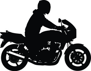 Fototapeta premium Motorcyclist riding a motorcycle with a helmet on a plain white background from side view