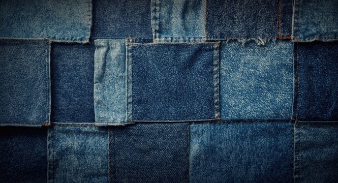 Blue denim fabric patchwork backdrop showcasing visible seams and textured fabric variety