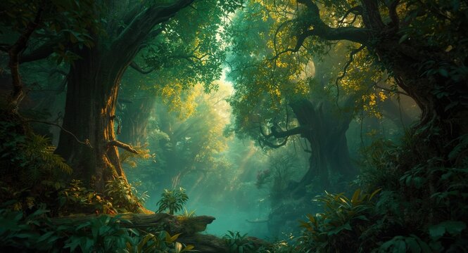lush fantasy forest background with dense foliage and mystical atmosphere
