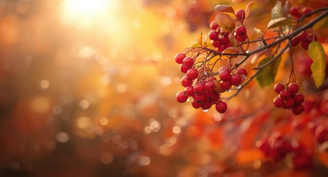 Fall foliage accent with a rowan branch full of red berries and dew drops shining
