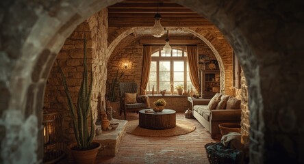 Obraz premium Inviting rustic ambiance in a home interior with soft warm tones