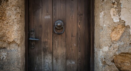 An old fashioned door within a rough deteriorated wall surface