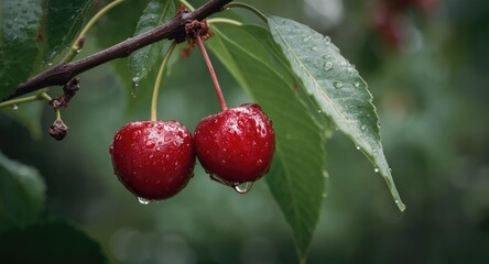 Obraz premium Glossy seedless cherries wet from rain hanging on tree branch