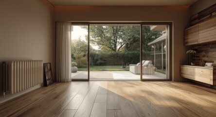 Obraz premium Bright living room with radiators, natural parquet flooring, and sliding terrace doors