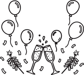 Black and white line art illustration of champagne glasses toasting with balloons and confetti, celebration or party decoration, for banner or poster, Isolated on transparent background, png