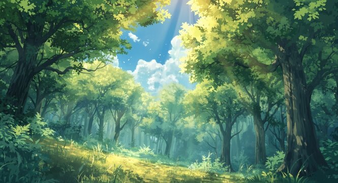 High quality depiction of anime forest with dynamic sunlight and light rays