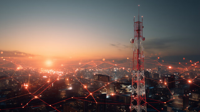 Telecommunication tower with glowing digital network connections over city at sunset, wireless data communication technology concept, smart city infrastructure