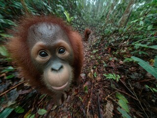 Obraz premium A primate's face appears among lush green foliage, looking directly at the viewer.