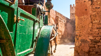 Horse drawn carriage caleche near marrakech city walls landscape background travel destination tourism copy space transport history lifestyle