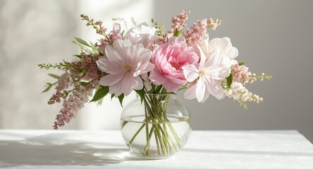 Floral arrangement showcasing pink mallow and lilac Malva sylvestris flowers in a stylish vase