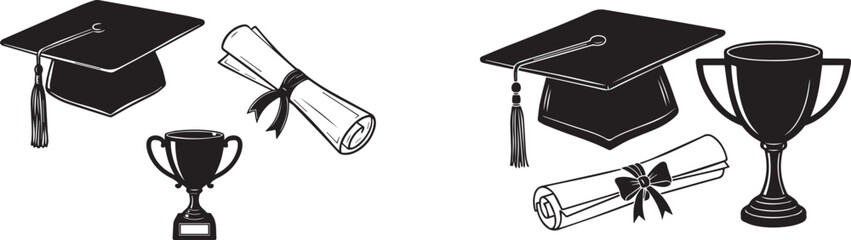 Graduation icons set, graduation cap, diploma, trophy, academic achievement symbols, for education or certificate design, Isolated on transparent background, png