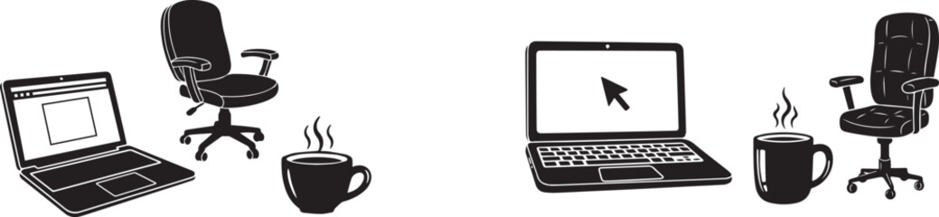 vector office workspace icons, laptop computer, office chair, coffee cup, for mockup or template, isolated on transparent background, png