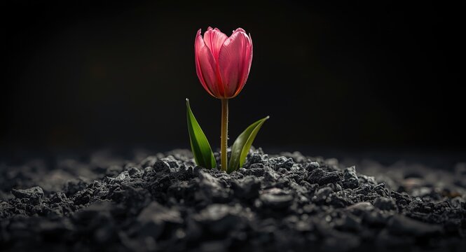 A blooming flower emerges from ashes symbolizing hope and resilience